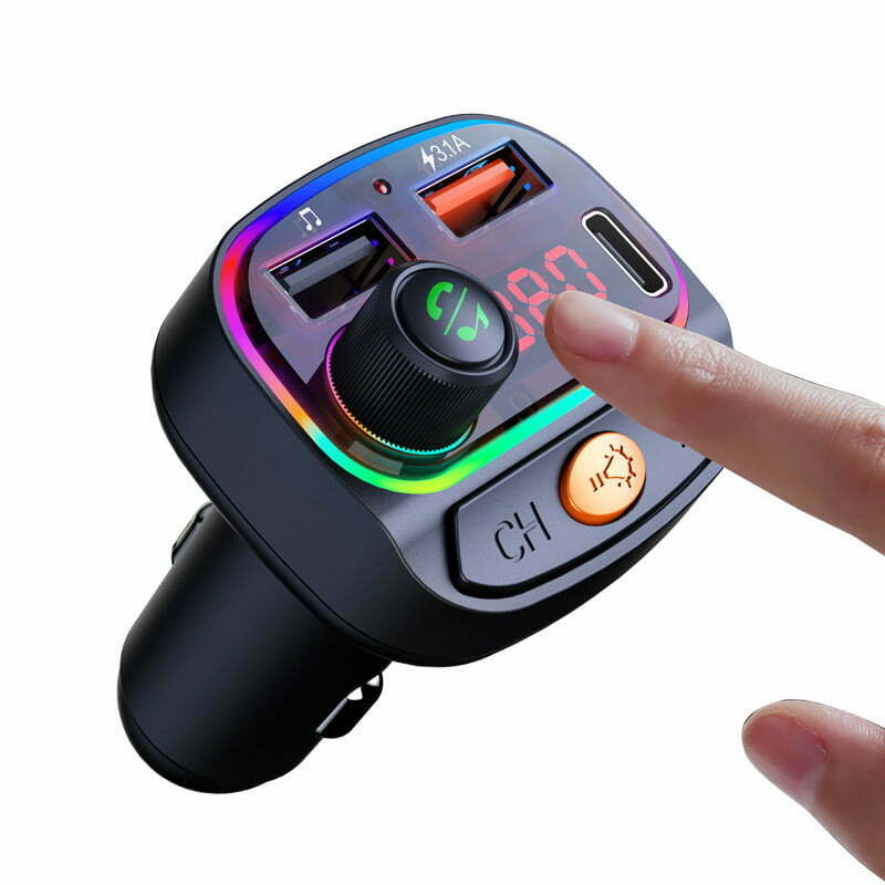 ZTB-A10 Bluetooth 5.0 FM Transmitter Hands-free Call Car MP3 Music Player  Colorful Light Type-C + Dual USB Car Charger Wholesale