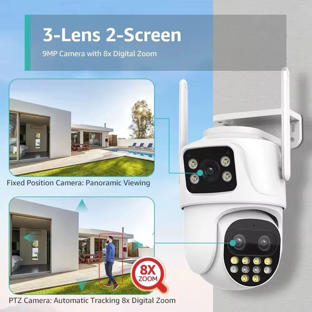 Multi-Lens Dual-Screen Outdoor PTZ Security Camera – Wireless WiFi Surveillance (iCSee App) - Image 6